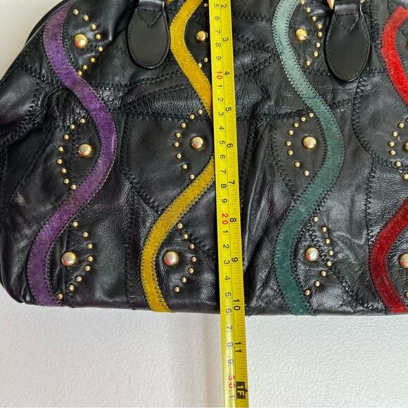 Vintage Black Patchwork Suede Studded Shoulder Handbag Faux Leather Multicolor - Picture 12 of 14
